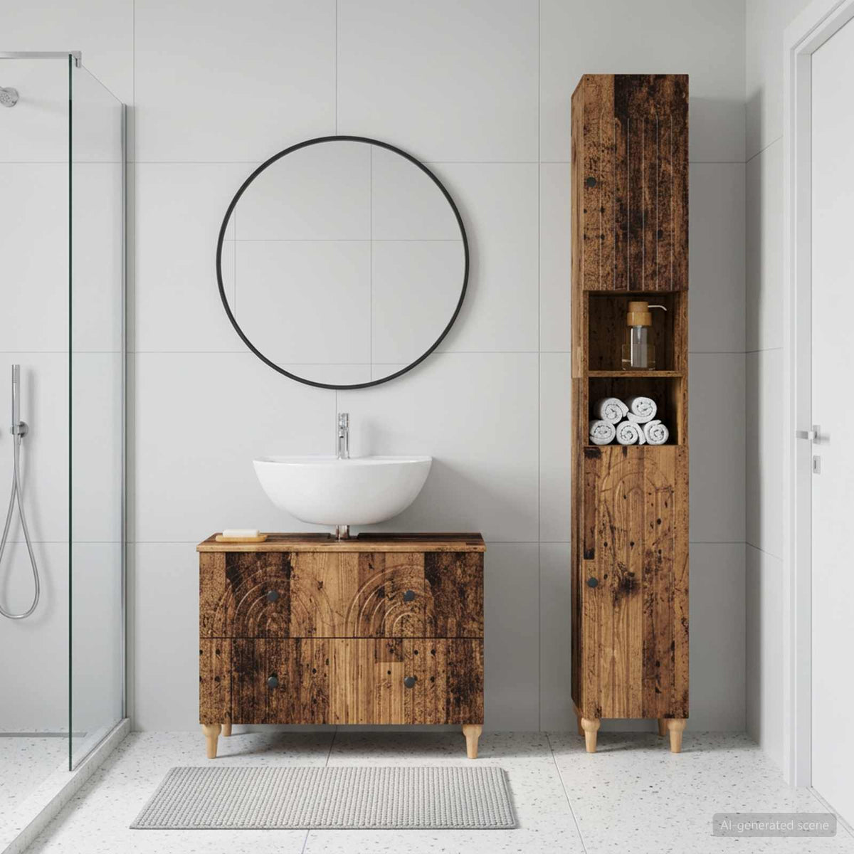 2 Piece Bathroom Cabinet Set EDE Engineered Wood Old Wood Round stripes