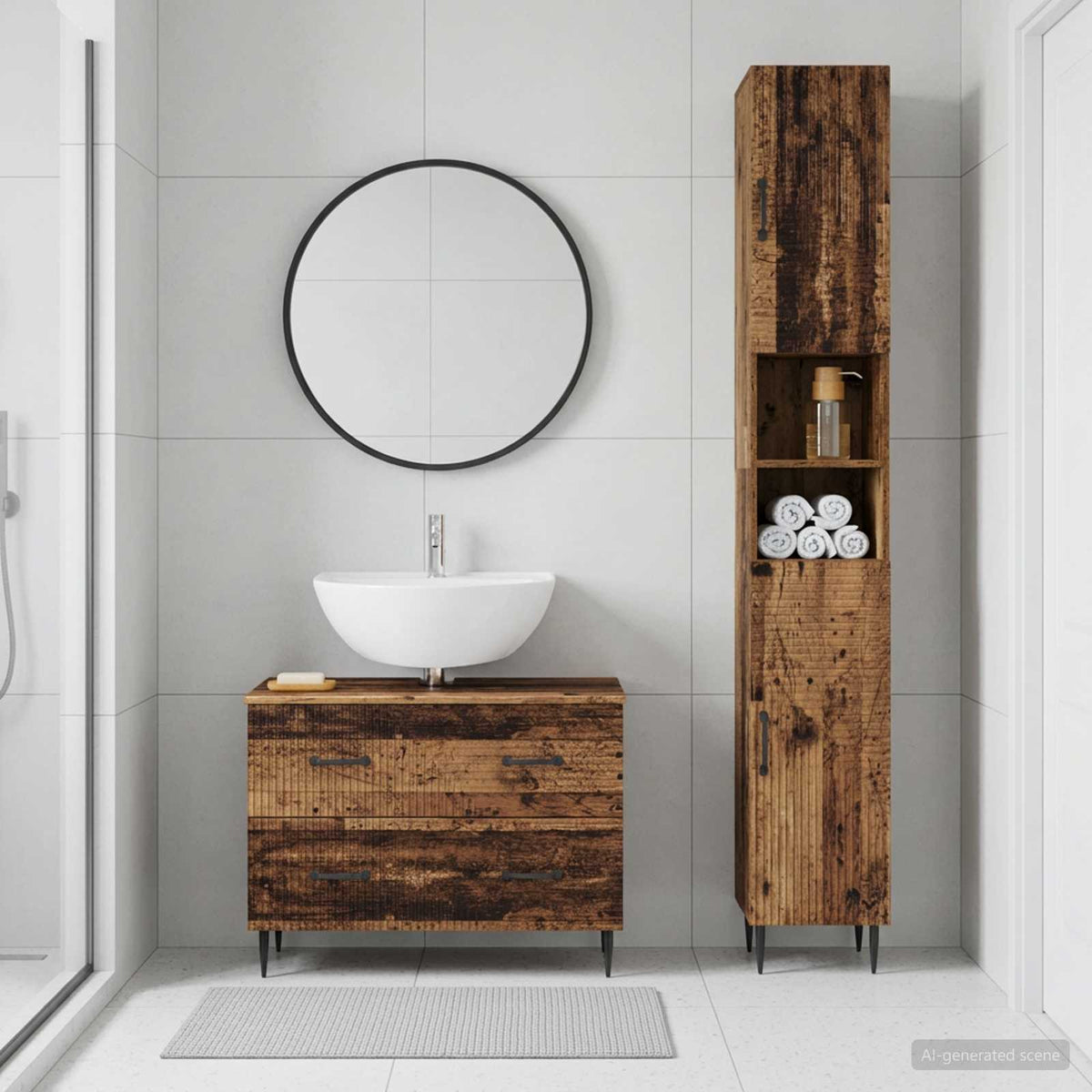 2 Piece Bathroom Cabinet Set EDE Engineered Wood Old Wood Two-way stripes