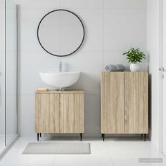 2 Piece Bathroom Cabinet Set EDE Engineered Wood Sonoma Oak Round edge stripes