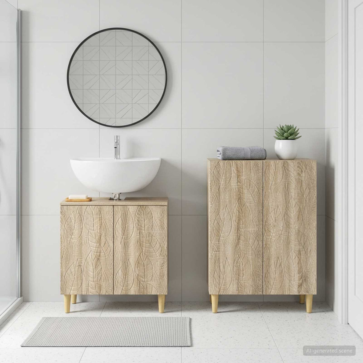 2 Piece Bathroom Cabinet Set EDE Engineered Wood Sonoma Oak Leaf pattern