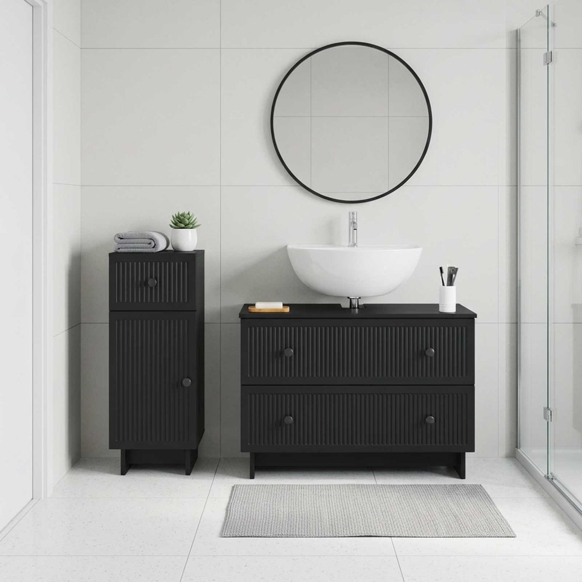 2 Piece Bathroom Cabinet Set EDE Engineered Wood Black Vertical stripes