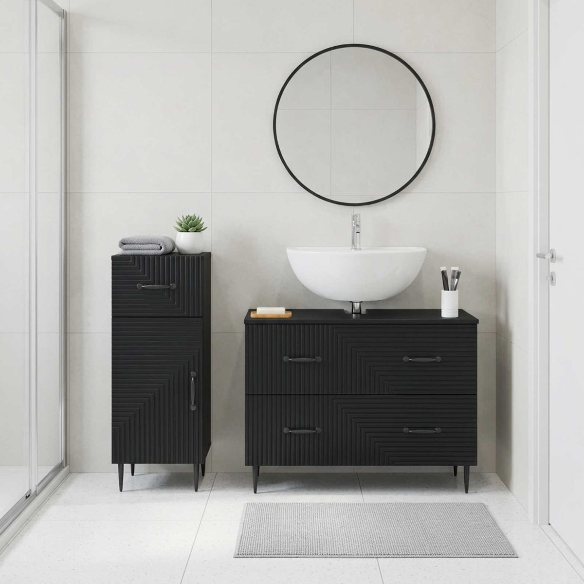 2 Piece Bathroom Cabinet Set EDE Engineered Wood Black Two-way stripes
