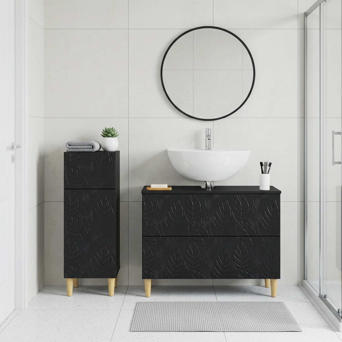 2 Piece Bathroom Cabinet Set EDE Engineered Wood Black Leaf pattern