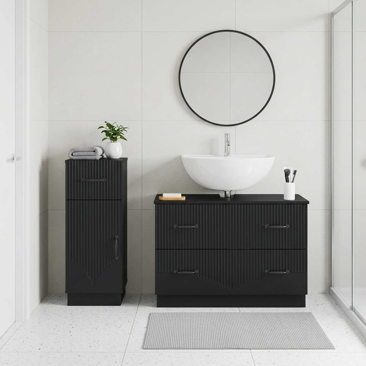 2 Piece Bathroom Cabinet Set EDE Engineered Wood Black V-shape stripes