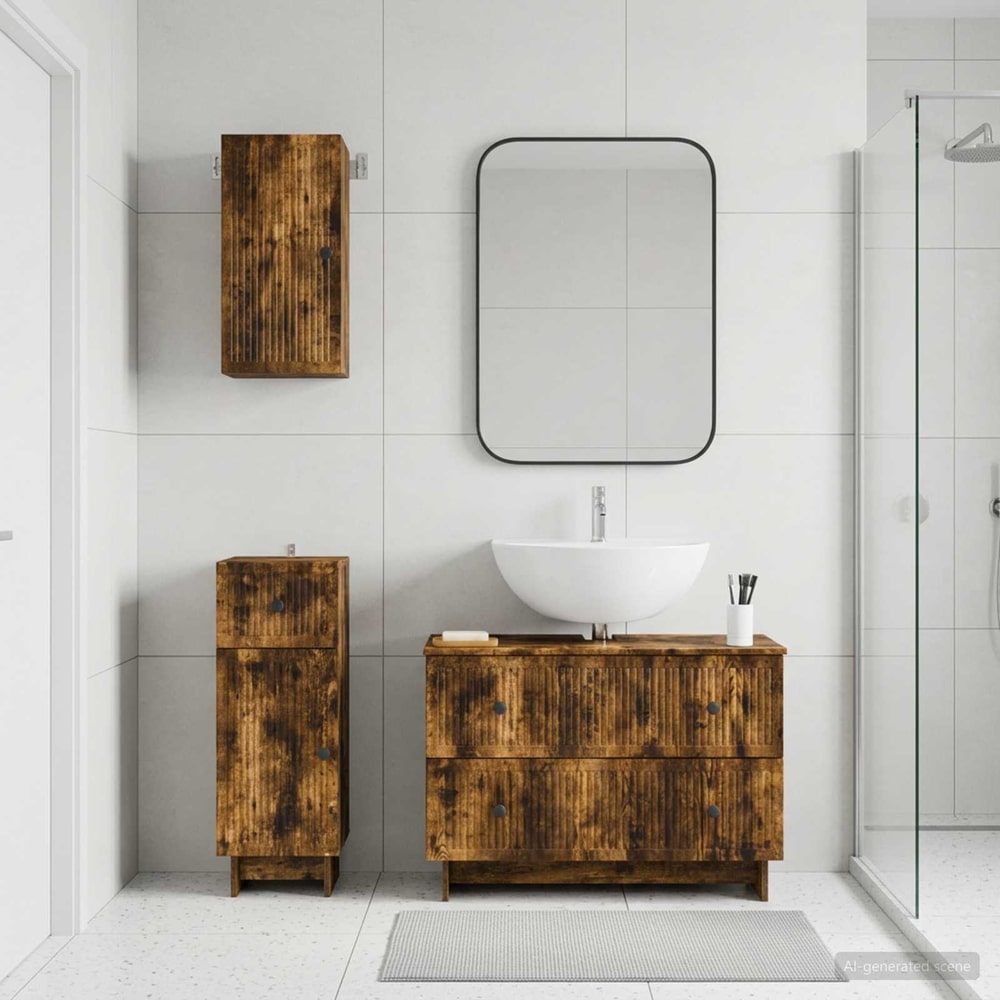 3 Piece Bathroom Cabinet Set EDE Engineered Wood Smoked Oak Vertical stripes