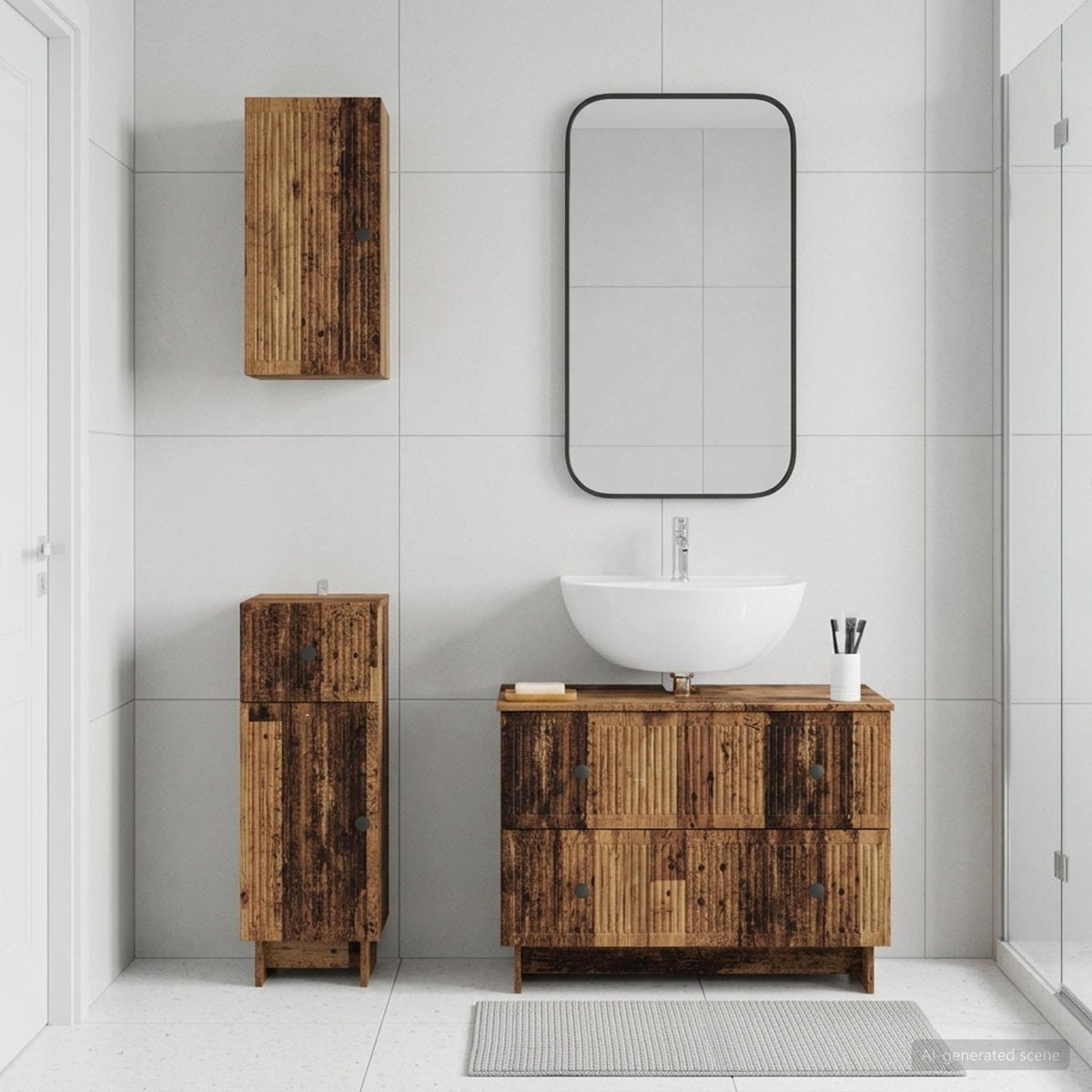3 Piece Bathroom Cabinet Set EDE Engineered Wood Old Wood Vertical stripes