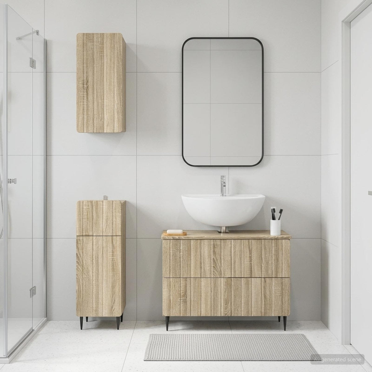3 Piece Bathroom Cabinet Set EDE Engineered Wood Sonoma Oak Round edge stripes