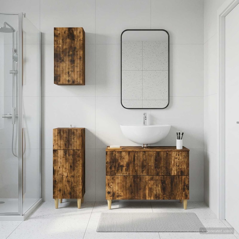 3 Piece Bathroom Cabinet Set EDE Engineered Wood Smoked Oak Full vertical stripes