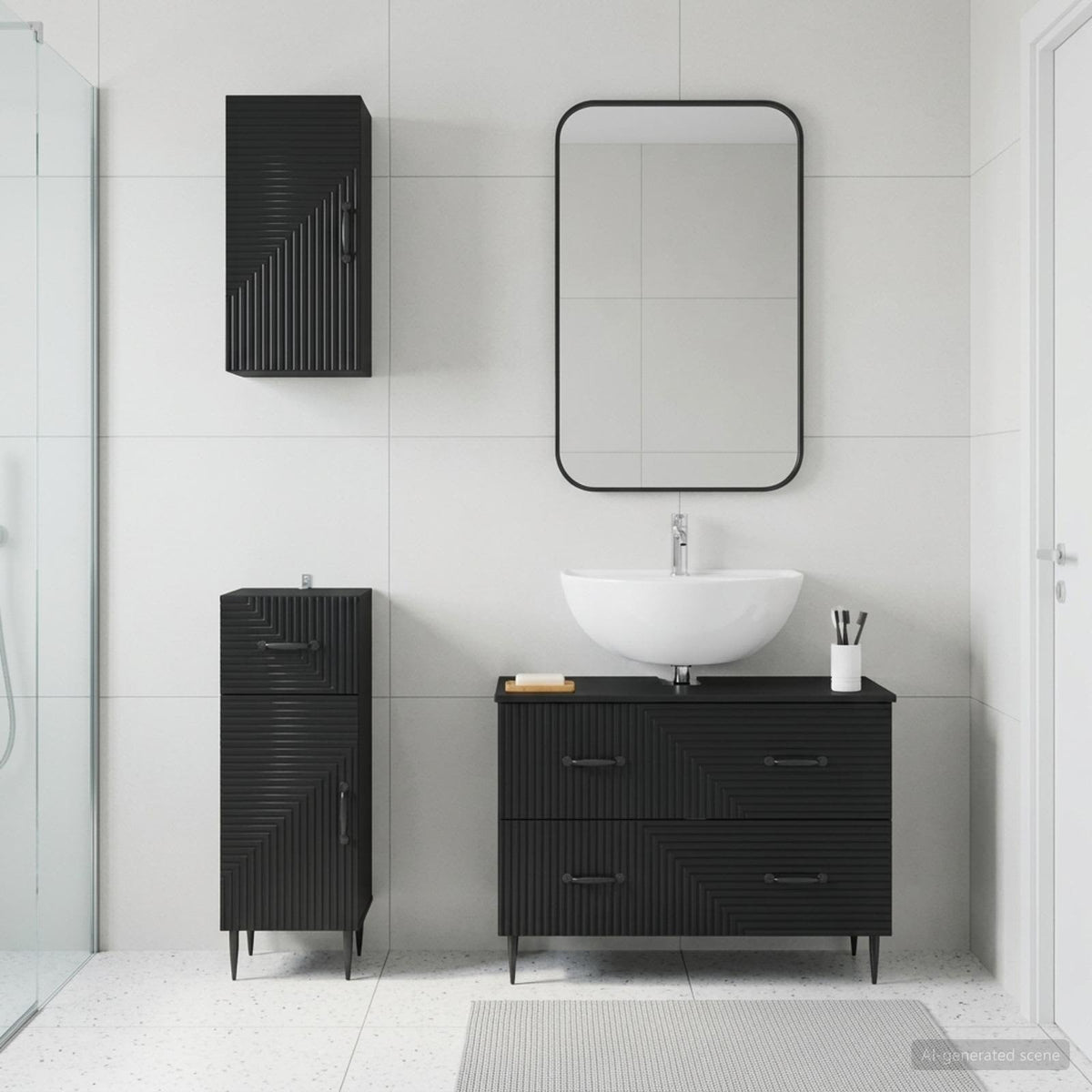 3 Piece Bathroom Cabinet Set EDE Engineered Wood Black Two-way stripes