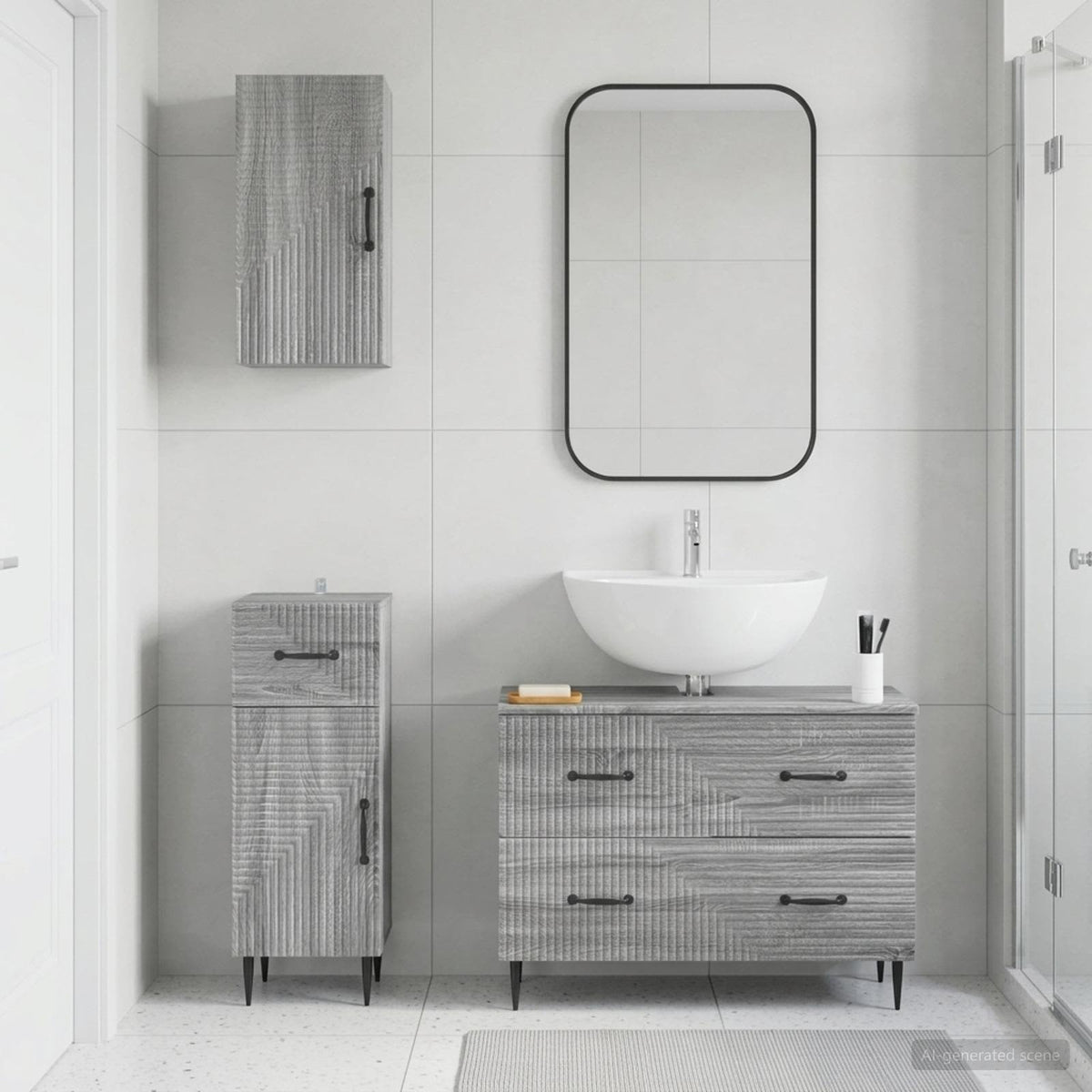 3 Piece Bathroom Cabinet Set ALKMAAR Grey Sonoma Two-way stripes