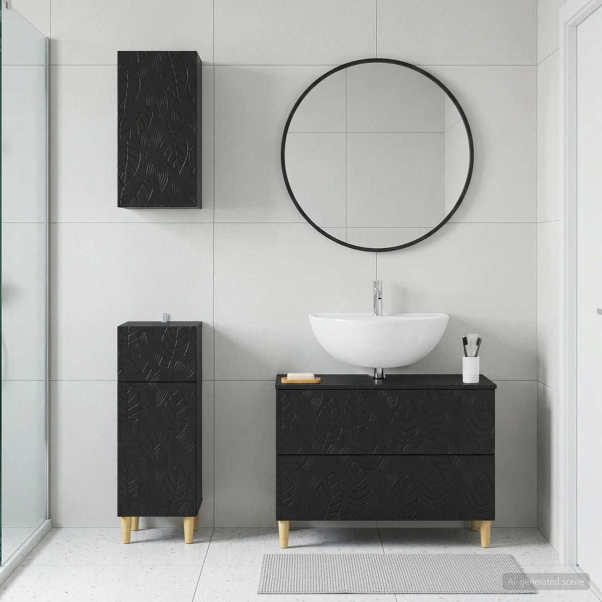 3 Piece Bathroom Cabinet Set EDE Engineered Wood Black Leaf pattern
