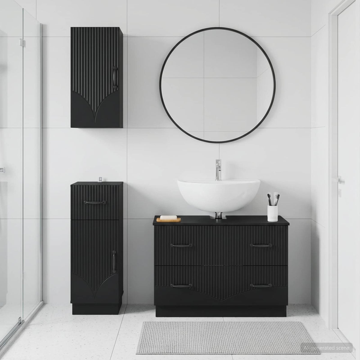 3 Piece Bathroom Cabinet Set EDE Engineered Wood Black V-shape stripes