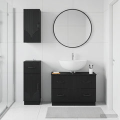 3 Piece Bathroom Cabinet Set EDE Engineered Wood Black V-shape stripes