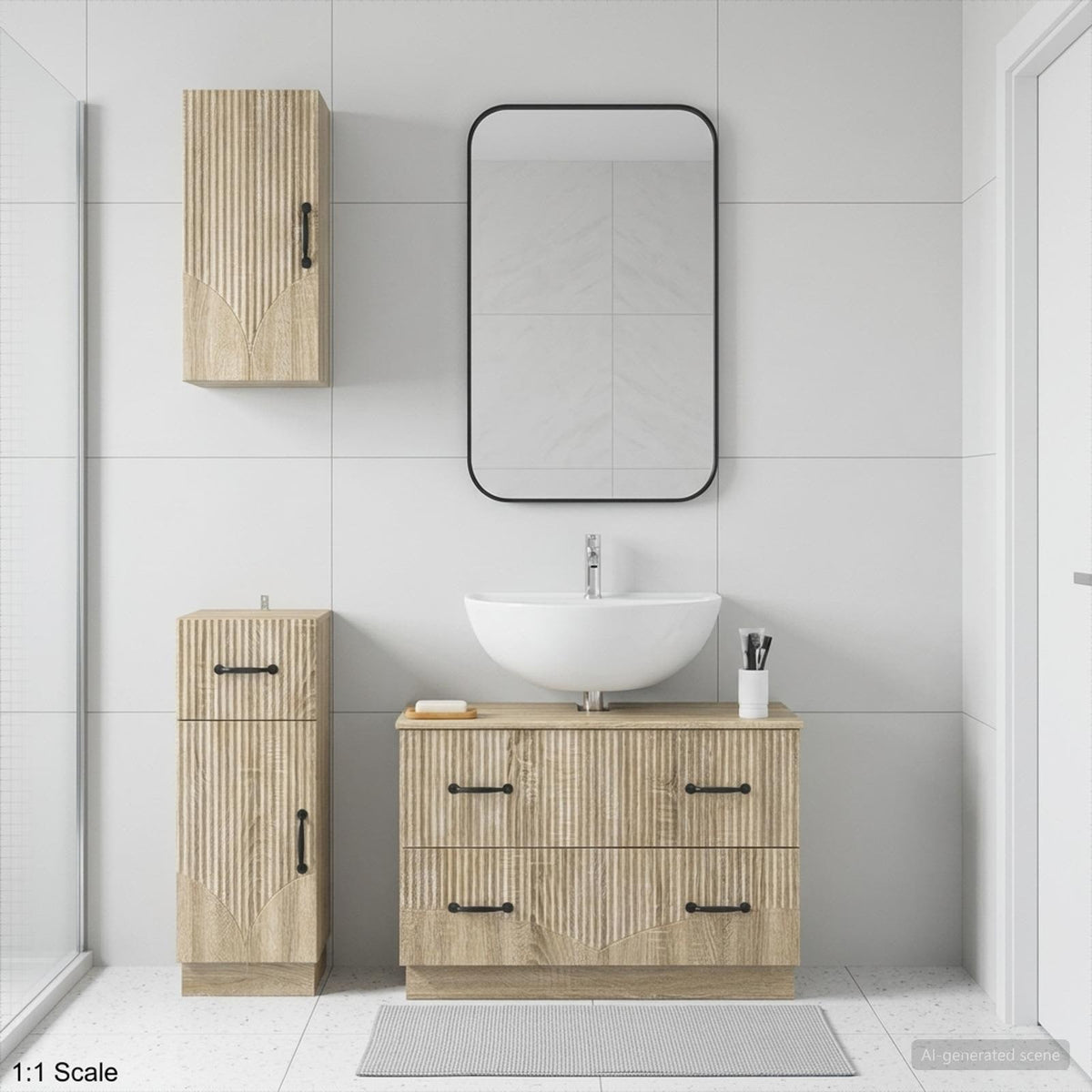 3 Piece Bathroom Cabinet Set EDE Engineered Wood Sonoma Oak V-shape stripes