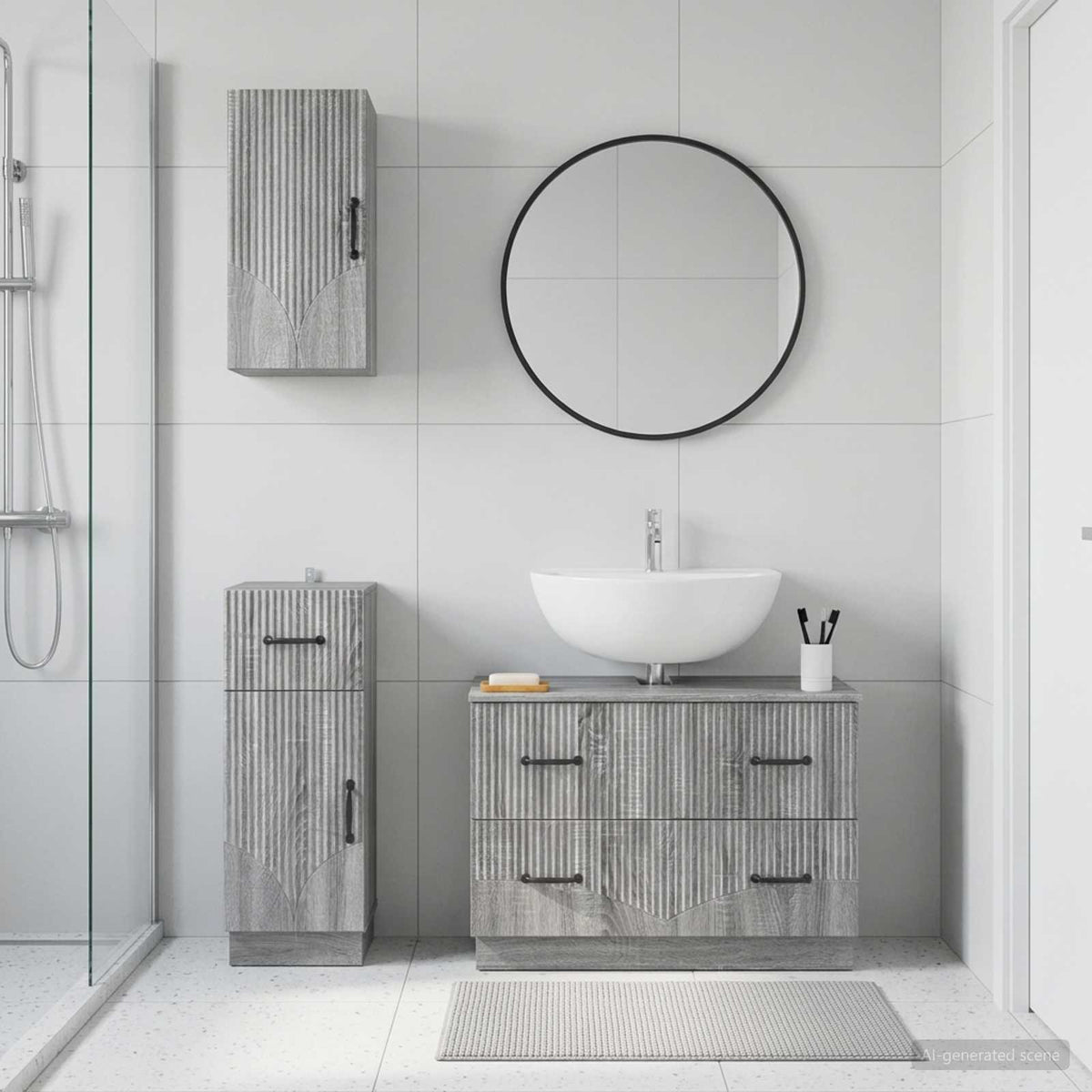3 Piece Bathroom Cabinet Set ALKMAAR Grey Sonoma V-shape stripes