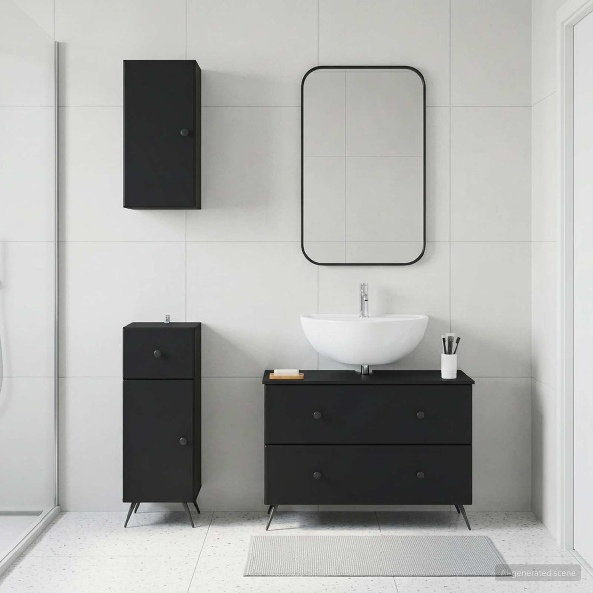 3 Piece Bathroom Cabinet Set EDE Engineered Wood Black Round edge