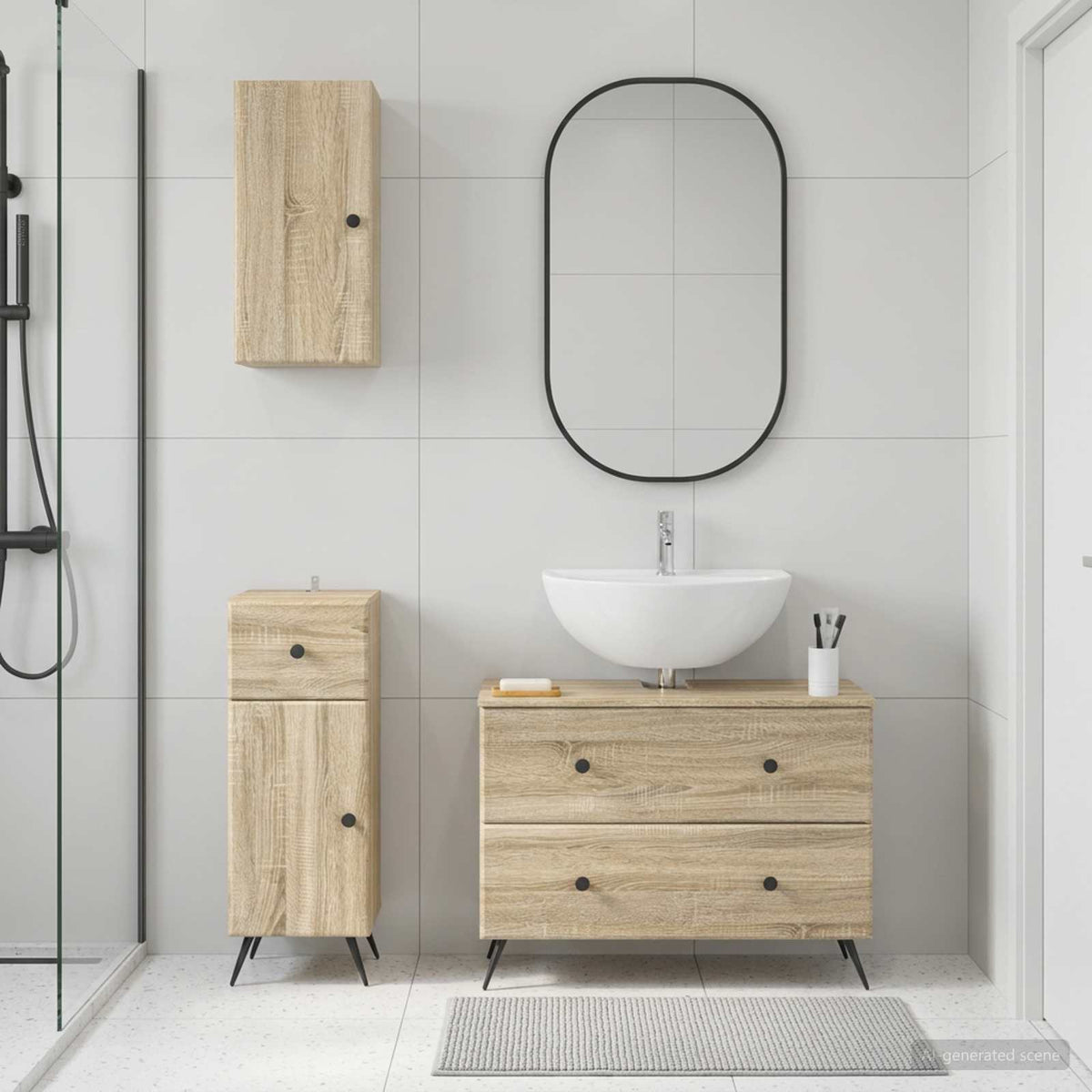 3 Piece Bathroom Cabinet Set EDE Engineered Wood Sonoma Oak Round edge