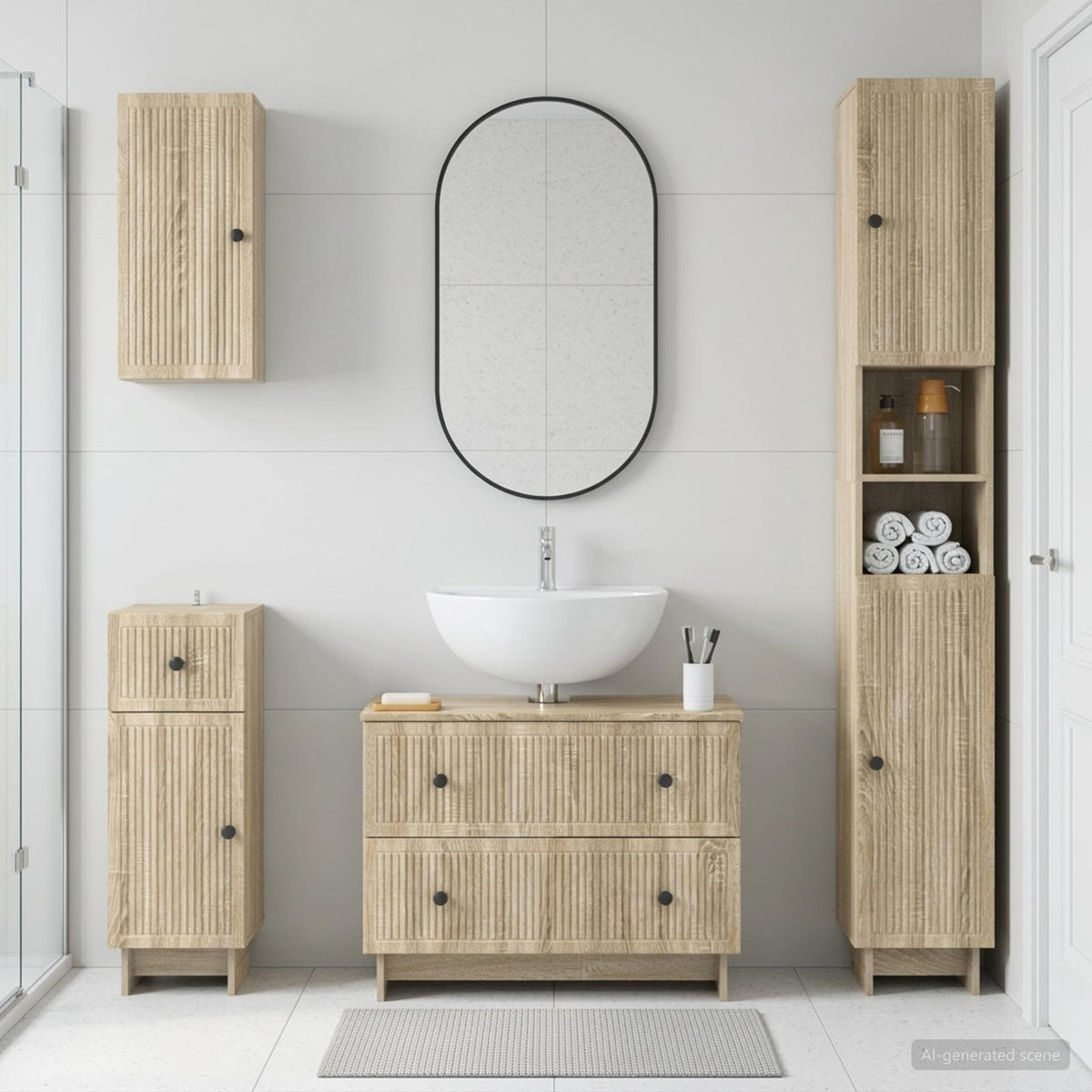 4 Piece Bathroom Cabinet Set EDE Engineered Wood Sonoma Oak Vertical stripes