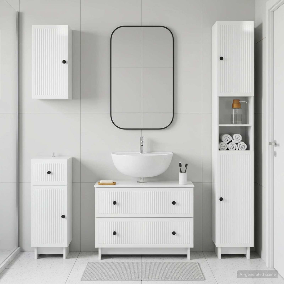 4 Piece Bathroom Cabinet Set EDE High Gloss White Vertical stripes