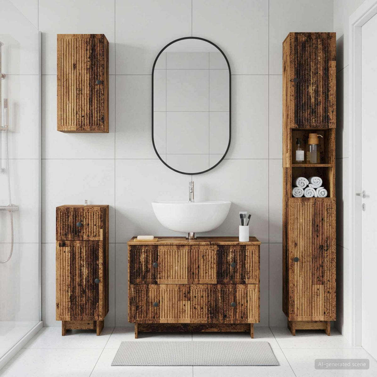 4 Piece Bathroom Cabinet Set EDE Engineered Wood Old Wood Vertical stripes