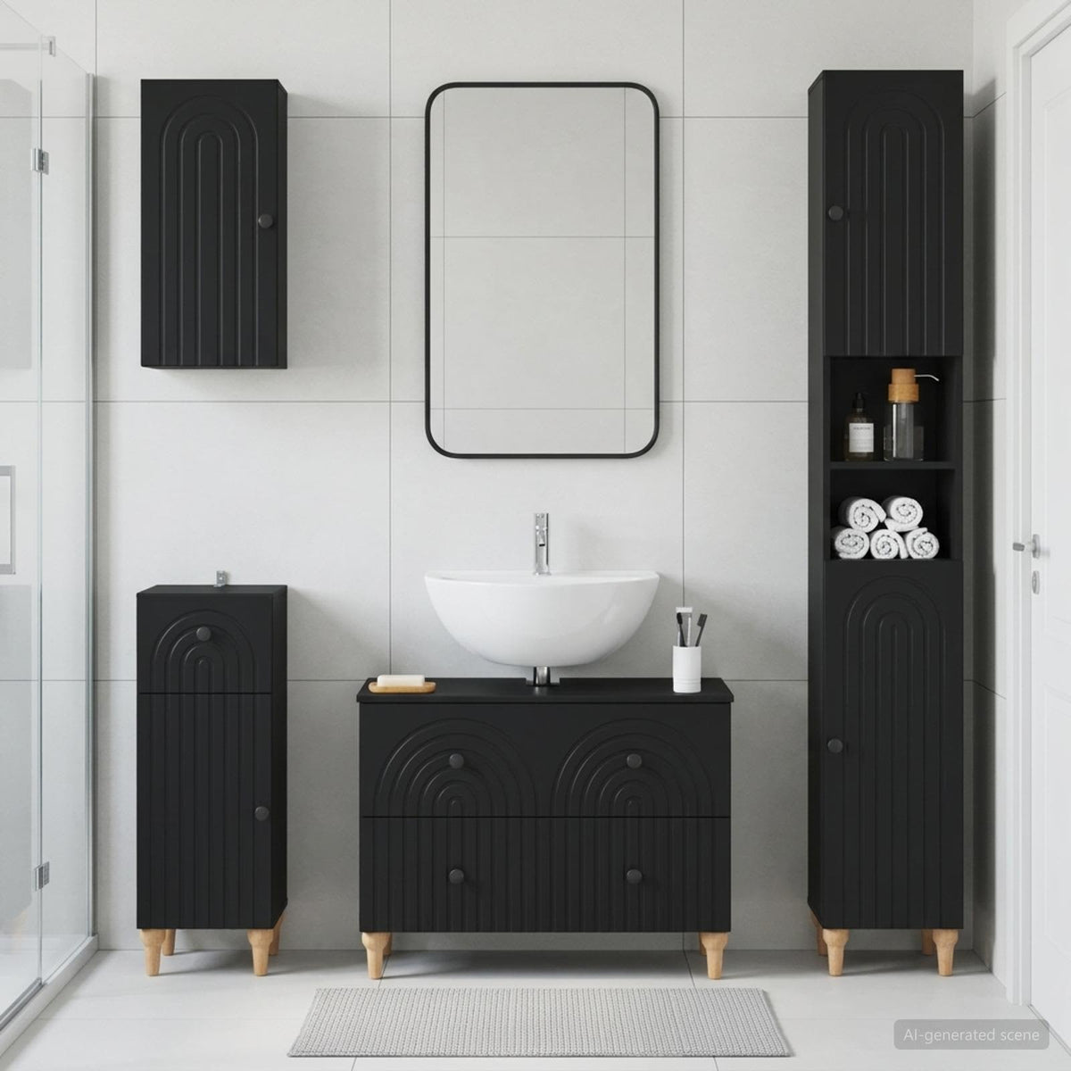 4 Piece Bathroom Cabinet Set EDE Engineered Wood Black Round stripes