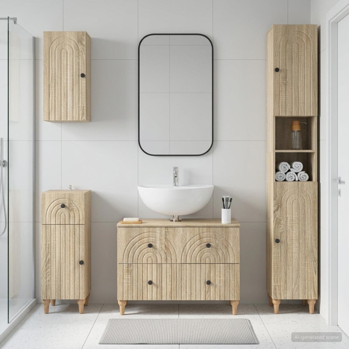 4 Piece Bathroom Cabinet Set EDE Engineered Wood Sonoma Oak Round stripes