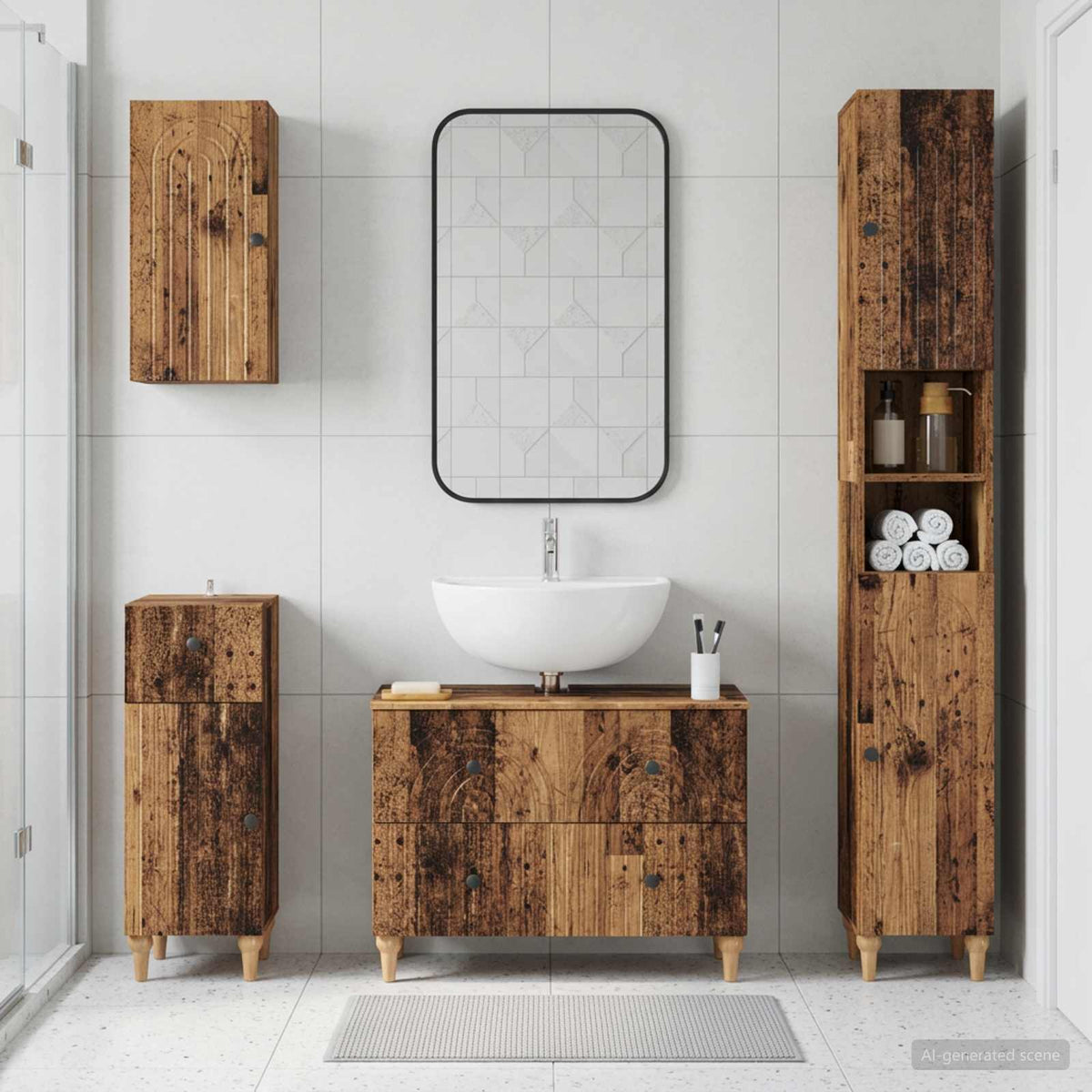 4 Piece Bathroom Cabinet Set EDE Engineered Wood Old Wood Round stripes