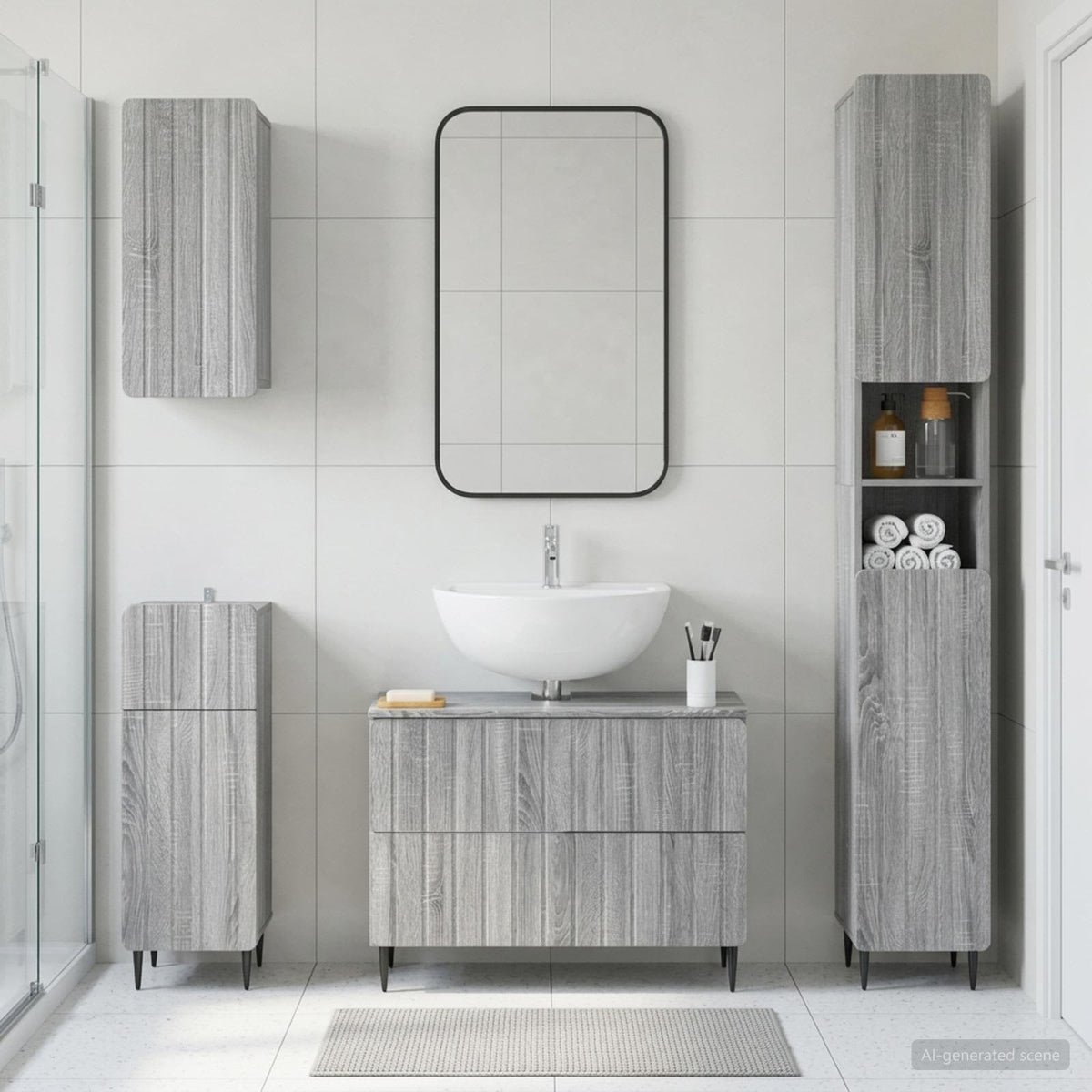 4 Piece Bathroom Cabinet Set ALKMAAR Grey Sonoma Round edge stripes