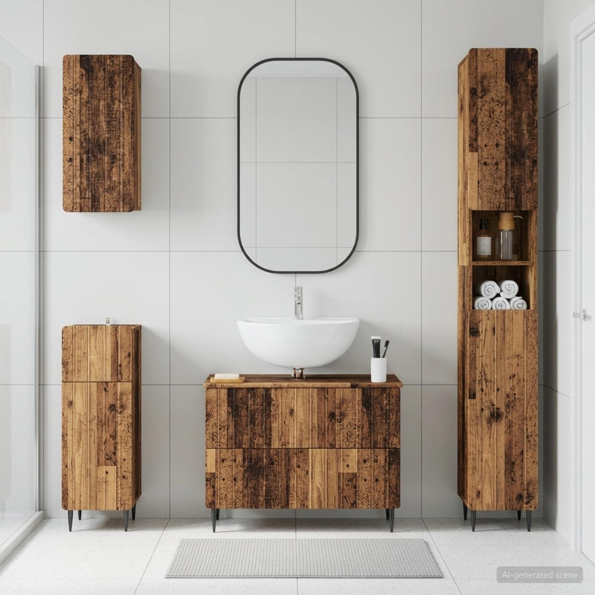 4 Piece Bathroom Cabinet Set EDE Engineered Wood Old Wood Round edge stripes
