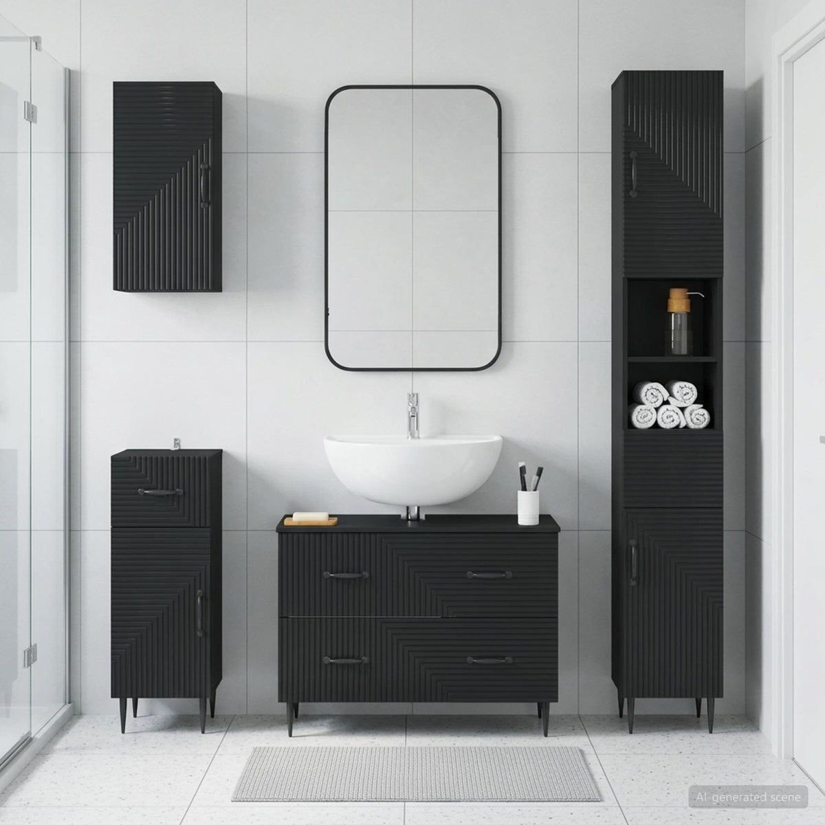 4 Piece Bathroom Cabinet Set EDE Engineered Wood Black Two-way stripes