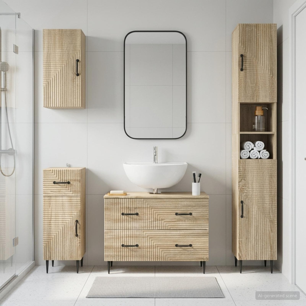 4 Piece Bathroom Cabinet Set EDE Engineered Wood Sonoma Oak Two-way stripes