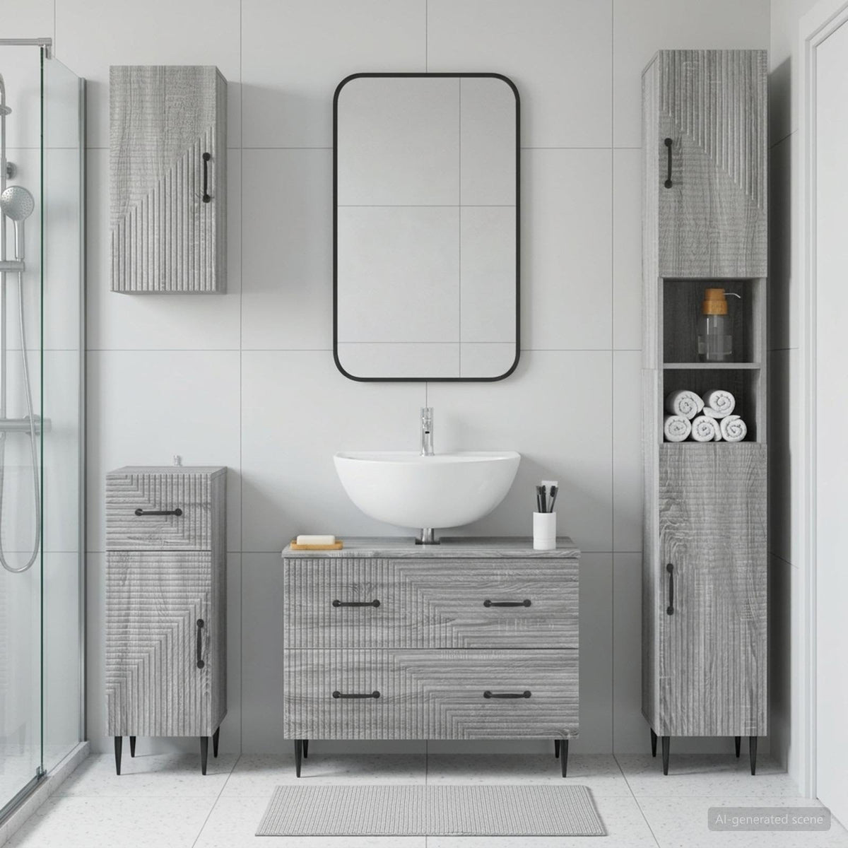 4 Piece Bathroom Cabinet Set ALKMAAR Grey Sonoma Two-way stripes