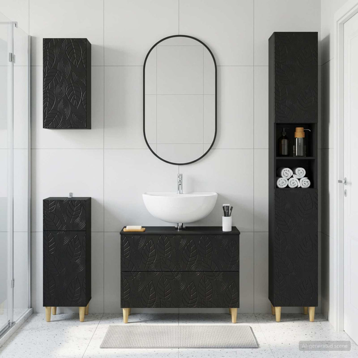 4 Piece Bathroom Cabinet Set EDE Engineered Wood Black Leaf pattern