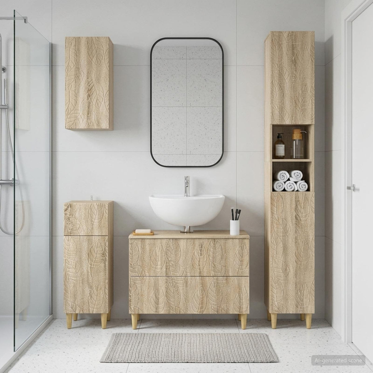 4 Piece Bathroom Cabinet Set EDE Engineered Wood Sonoma Oak Leaf pattern