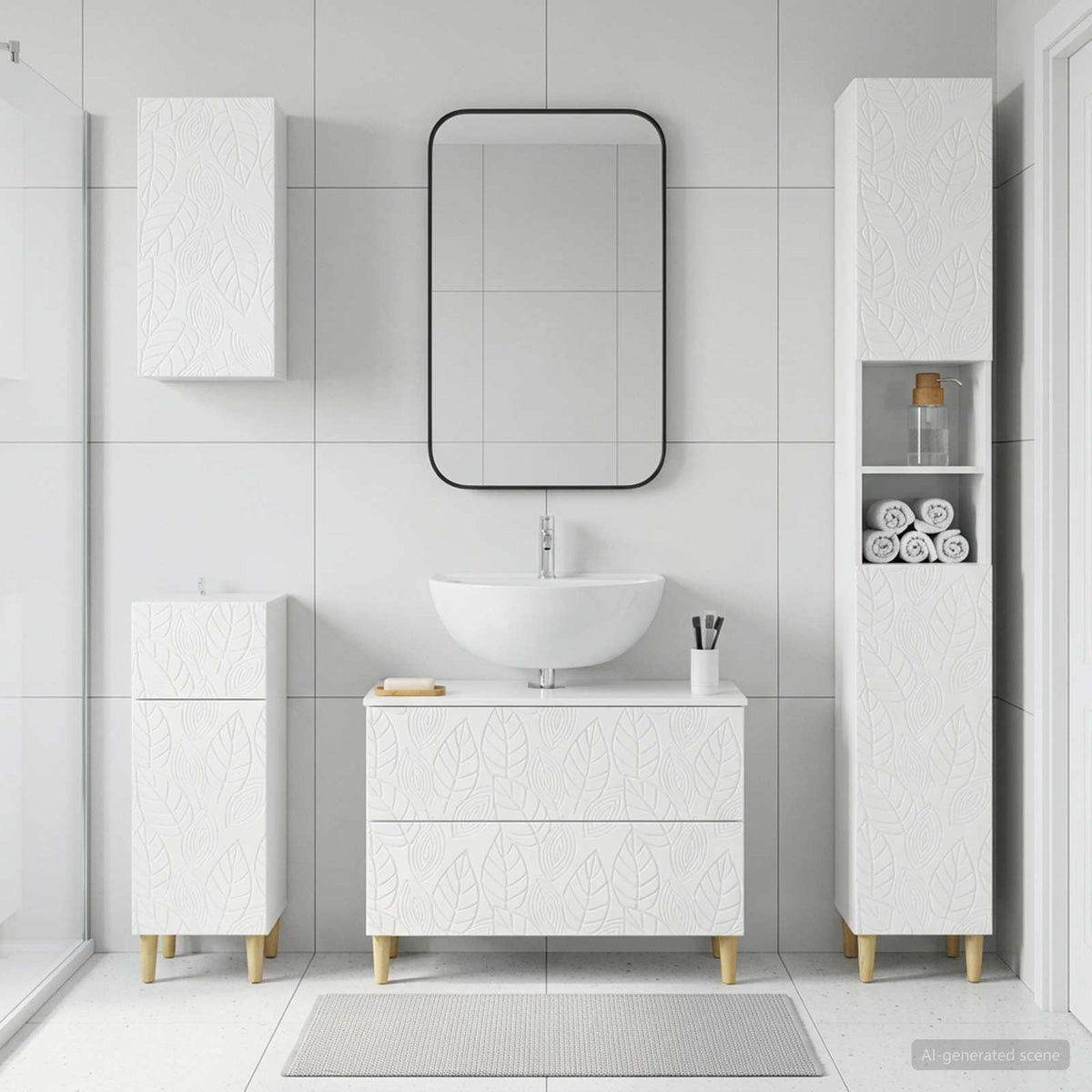 4 Piece Bathroom Cabinet Set EDE High Gloss White Leaf pattern