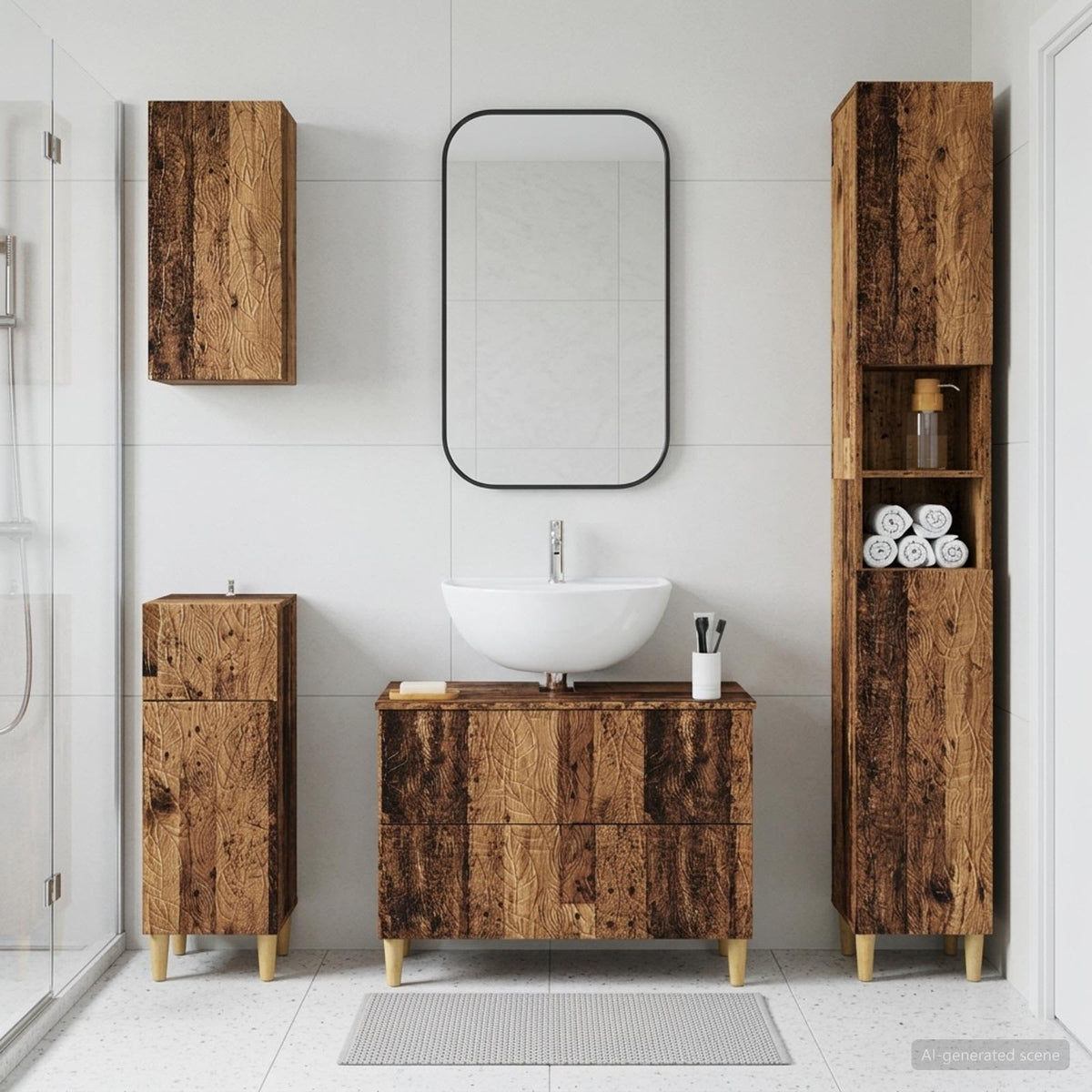 4 Piece Bathroom Cabinet Set EDE Engineered Wood Old Wood Leaf pattern