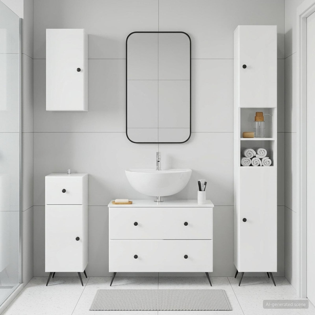 4 Piece Bathroom Cabinet Set EDE High Gloss White Round edge