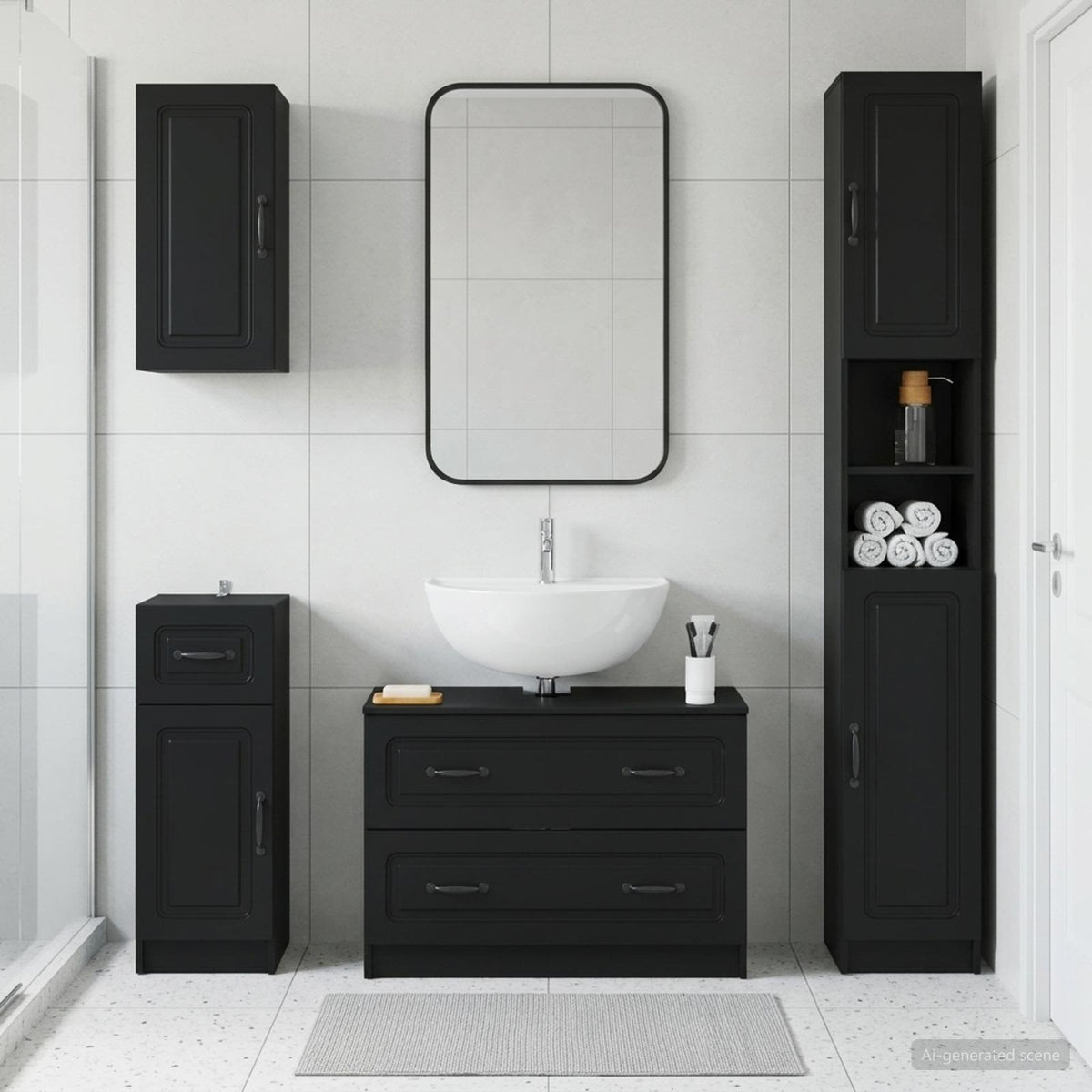 4 Piece Bathroom Cabinet Set EDE Engineered Wood Black O-shape