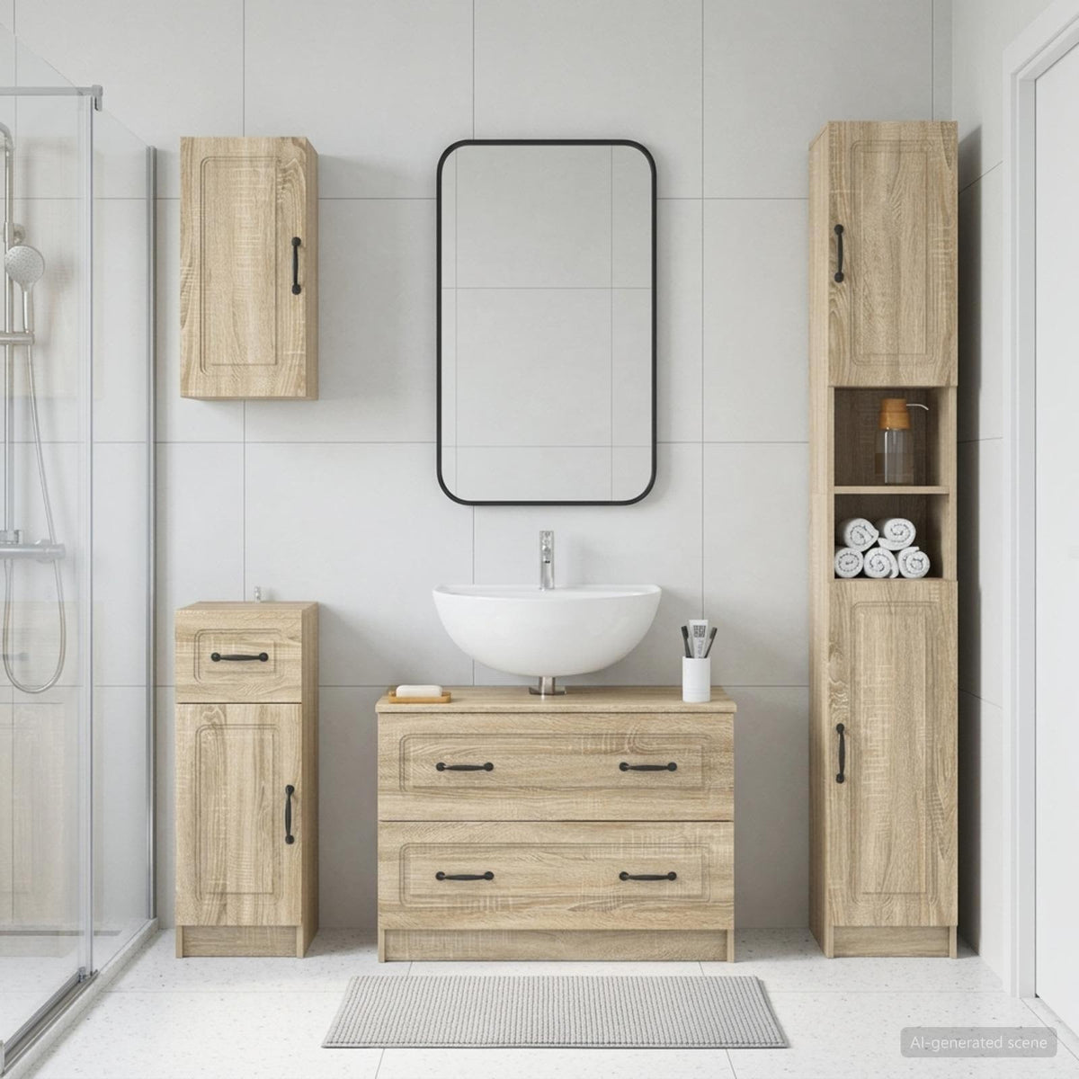 4 Piece Bathroom Cabinet Set EDE Engineered Wood Sonoma Oak O-shape