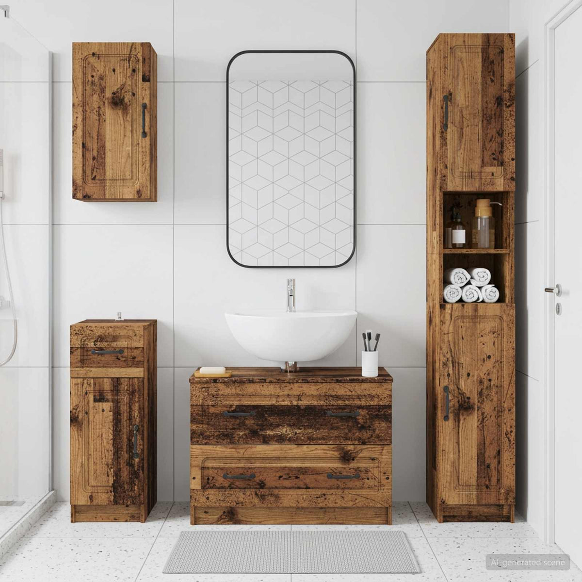 4 Piece Bathroom Cabinet Set EDE Engineered Wood Old Wood O-shape