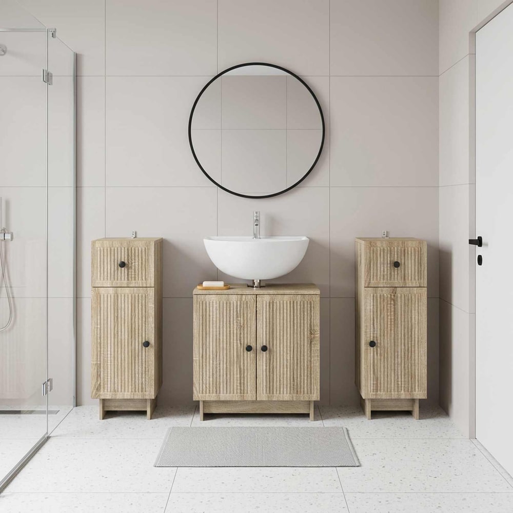 3 Piece Bathroom Cabinet Set EDE 3 pcs Sonoma Oak Vertical stripes
