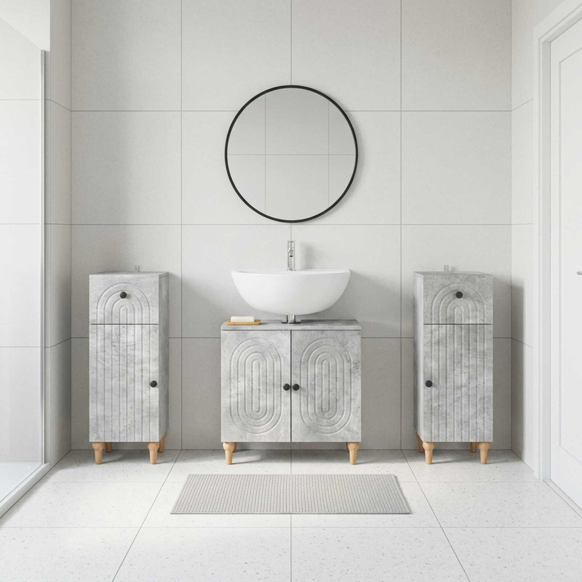 3 Piece Bathroom Cabinet Set EDE 3 pcs Concrete Grey Round stripes