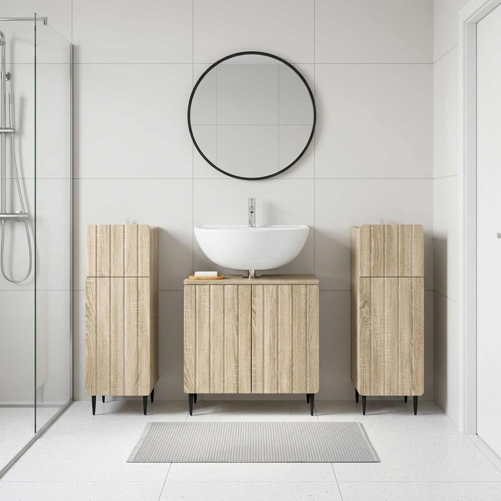 3 Piece Bathroom Cabinet Set EDE 3 pcs Sonoma Oak Round edge stripes
