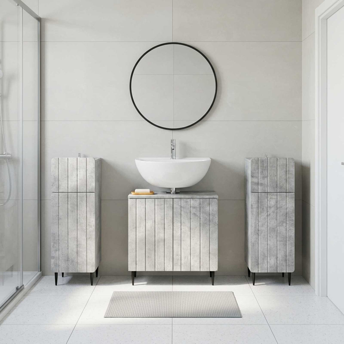 3 Piece Bathroom Cabinet Set EDE 3 pcs Concrete Grey Round edge stripes
