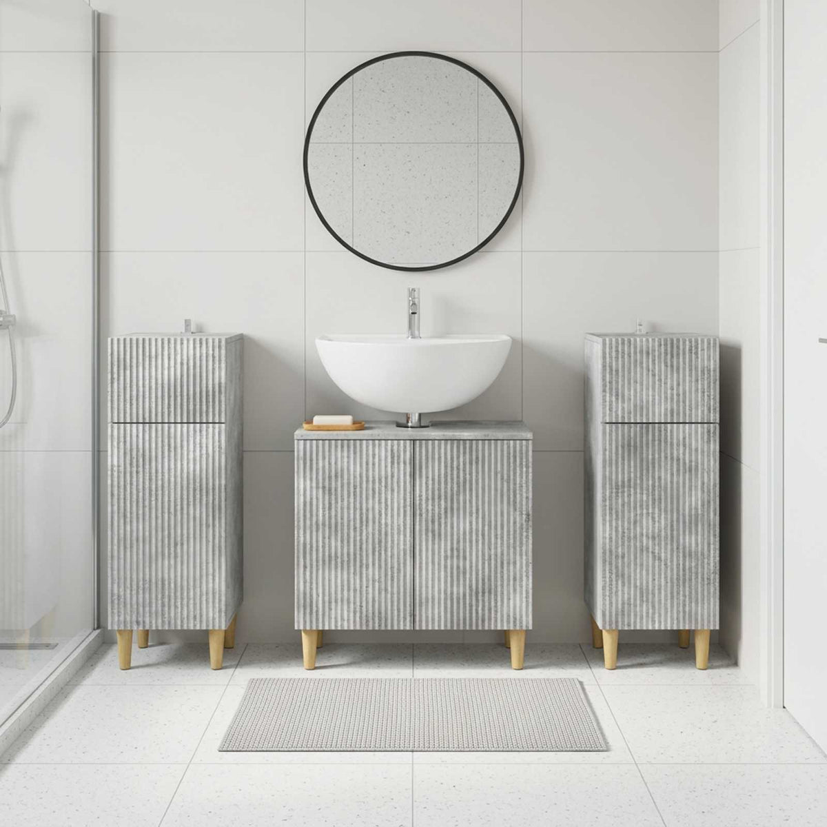 3 Piece Bathroom Cabinet Set EDE 3 pcs Concrete Grey Full vertical stripes