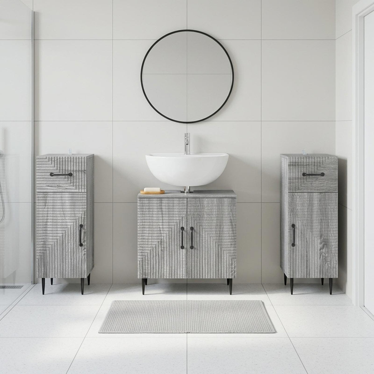 3 Piece Bathroom Cabinet Set EDE 3 pcs Grey Sonoma Two-way stripes