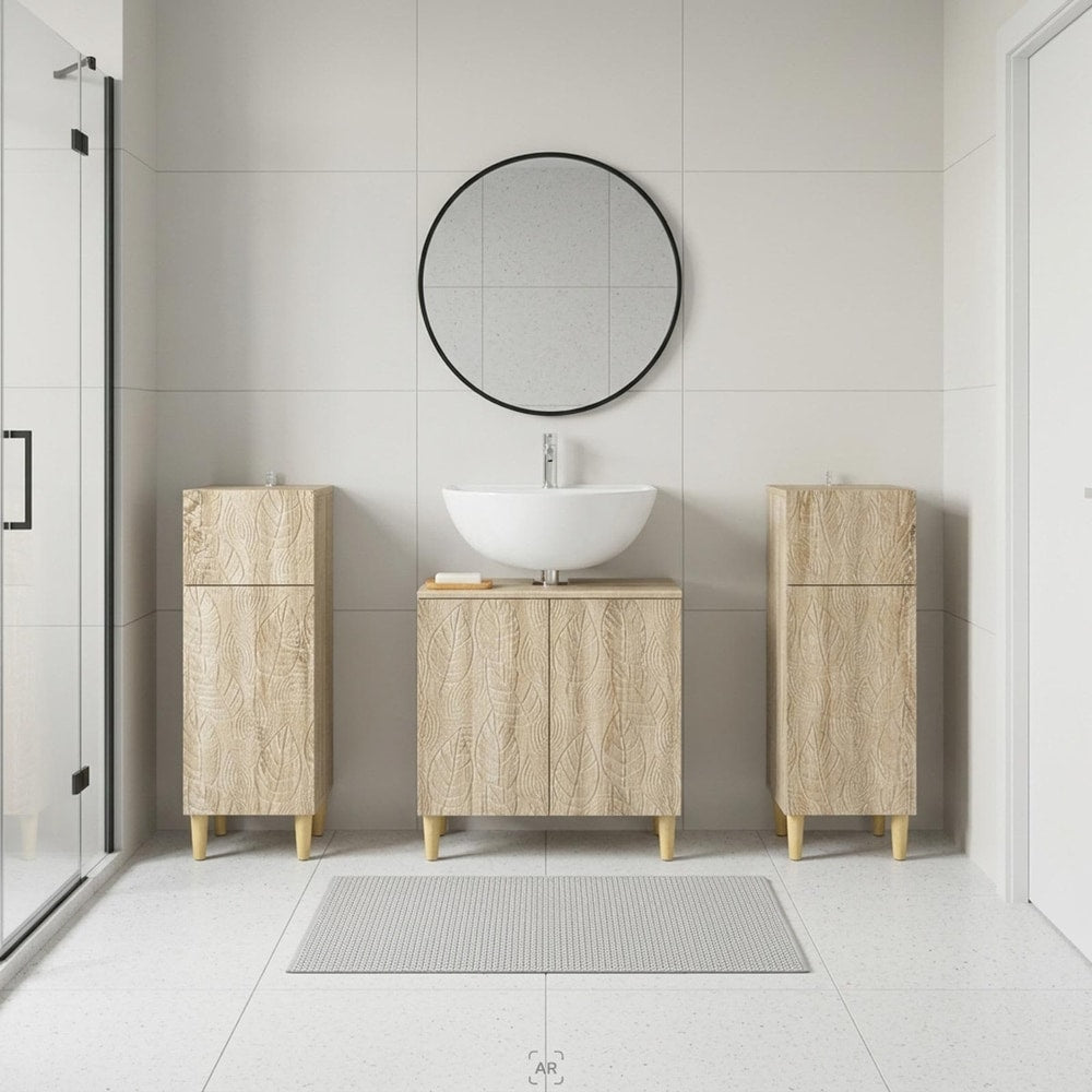 3 Piece Bathroom Cabinet Set EDE 3 pcs Sonoma Oak Leaf pattern