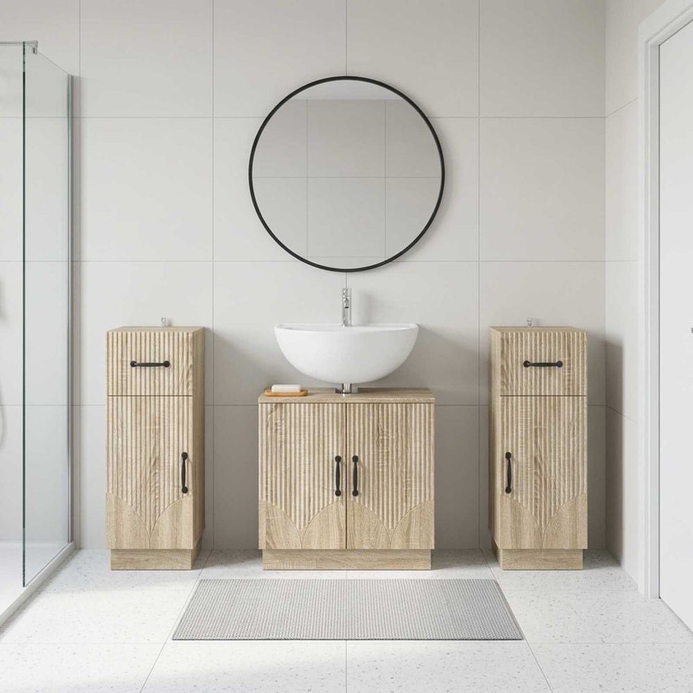 3 Piece Bathroom Cabinet Set EDE 3 pcs Sonoma Oak V-shape stripes