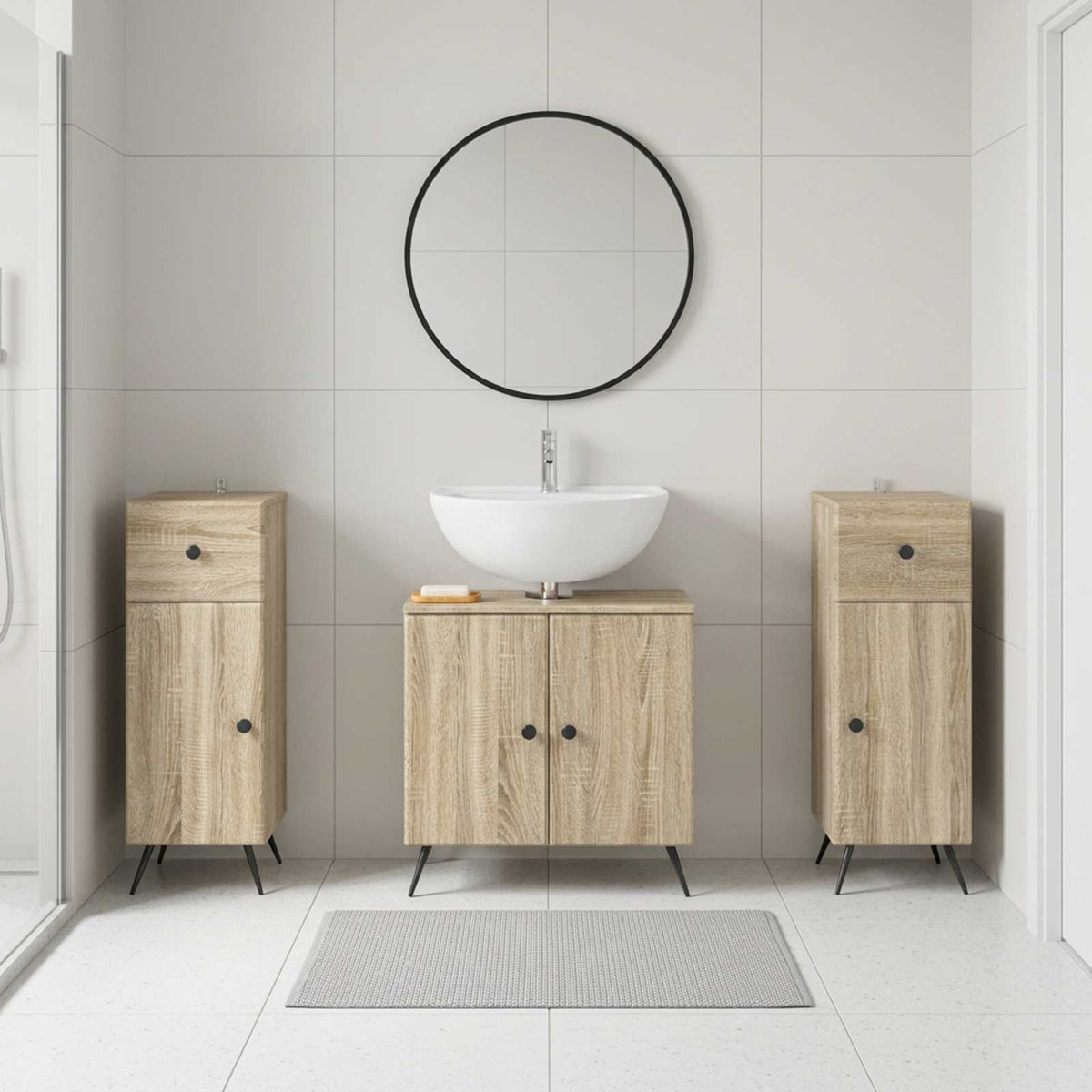 3 Piece Bathroom Cabinet Set EDE 3 pcs Sonoma Oak Round edge