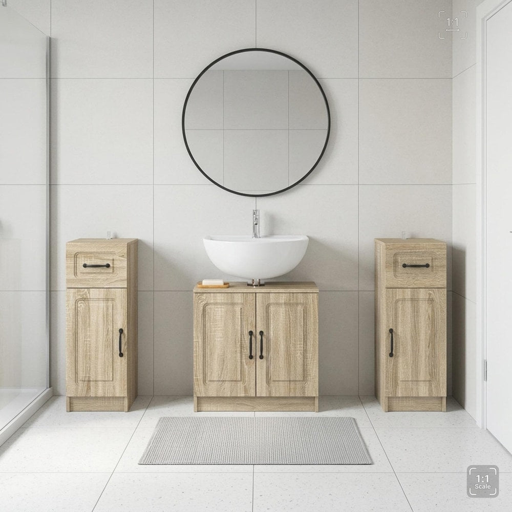 3 Piece Bathroom Cabinet Set EDE 3 pcs Sonoma Oak O-shape